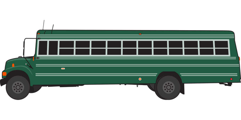Green passenger bus with dark windows and black tires, viewed from the side