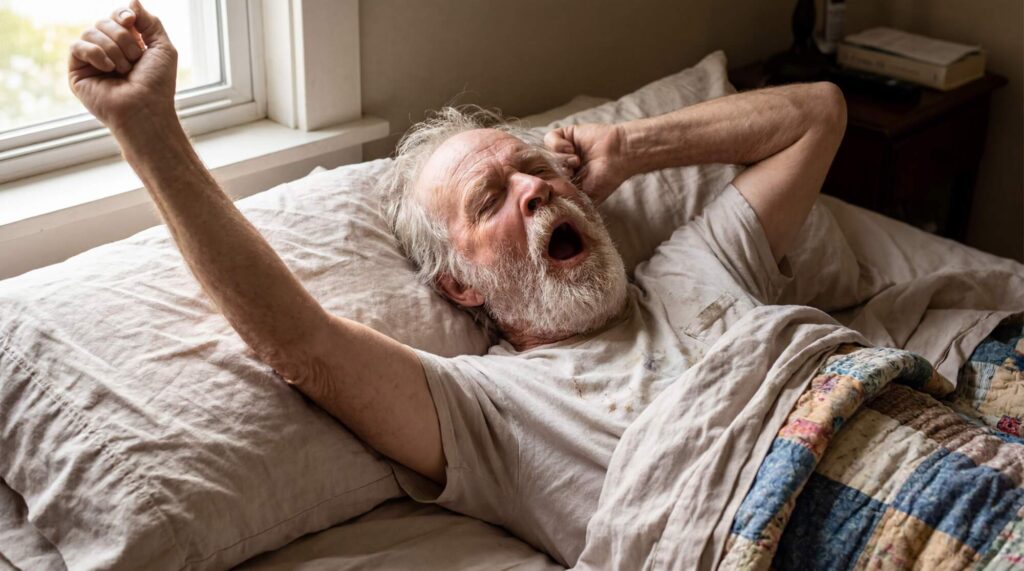 Older man with gray beard yawning and stretching in bed with one arm raised above his head